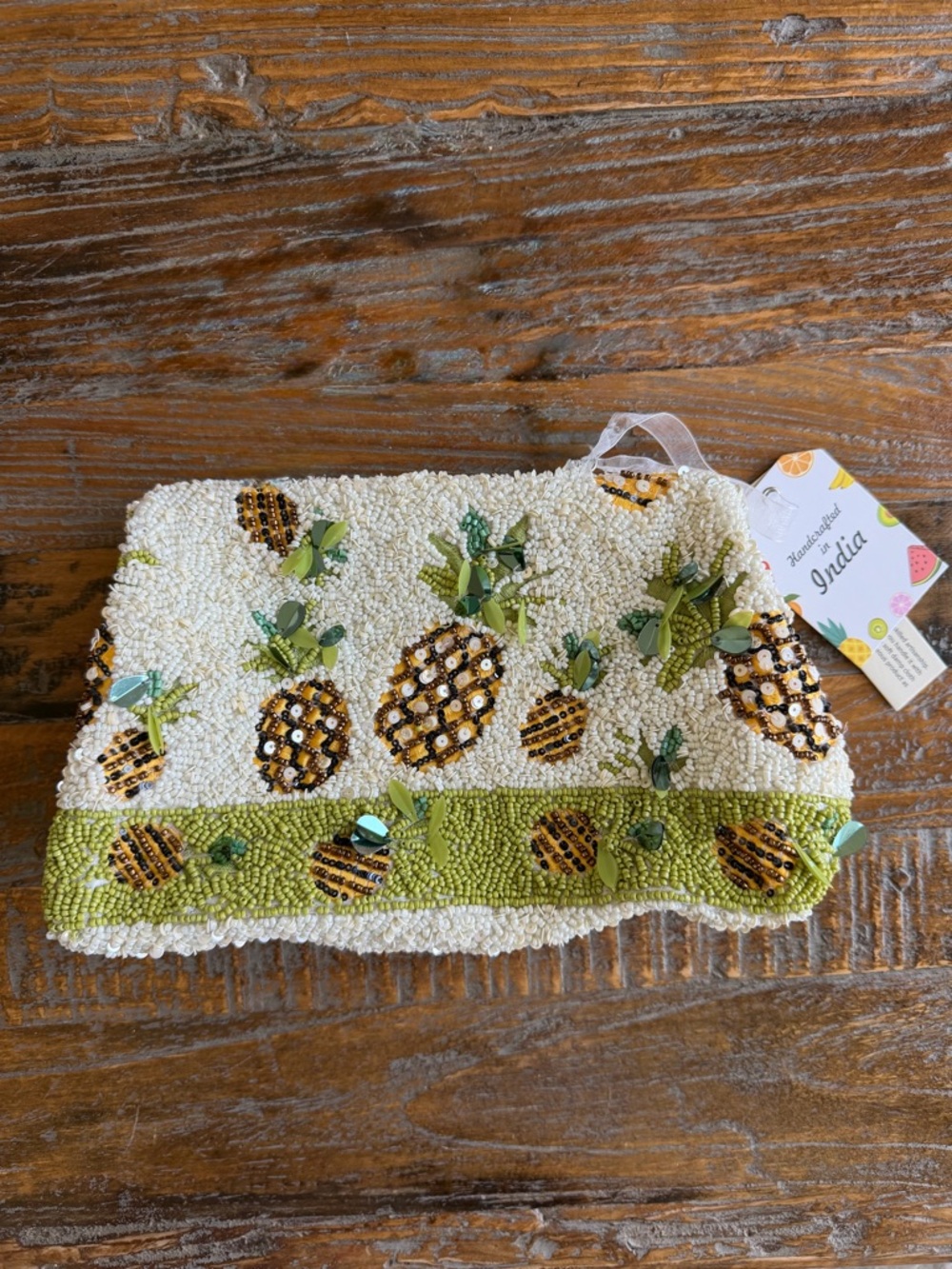 Beaded Pineapple Motif Clutch/Crossbody Bag - Green & White - Picture 9 of 15